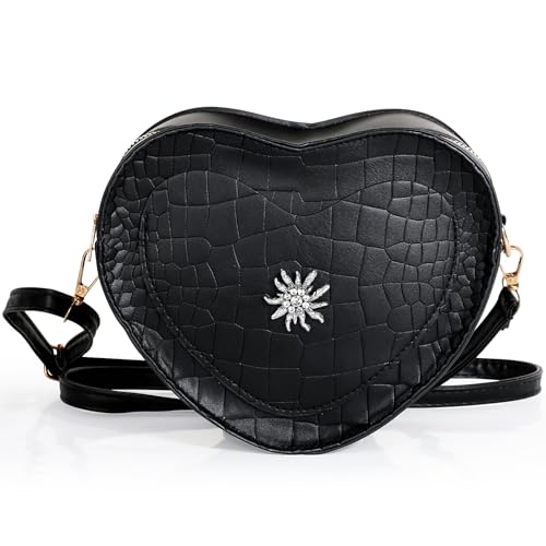 BOOMTOP Herztasche Oktoberfest Trachtentasche Herz Dirndl Handtaschen mit Edelweiß PU Leder Trachten Kostüm Accessoires Kunstleder Schultertasche Kleine Umhängetasche in Herzform Schwarz von BOOMTOP