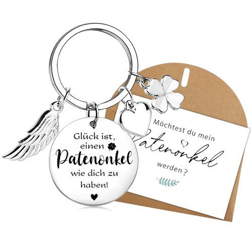 BOOMTOP Patenonkel Geschenk Schlüsselanhänger Fragen Pate Geschenk Kleeblatt Schutzengel Glücksbringer Bester Patenonkel Glück ist einen Patenonkel wie dich zu haben Taufe Geschenk mit Karte Umschlag von BOOMTOP