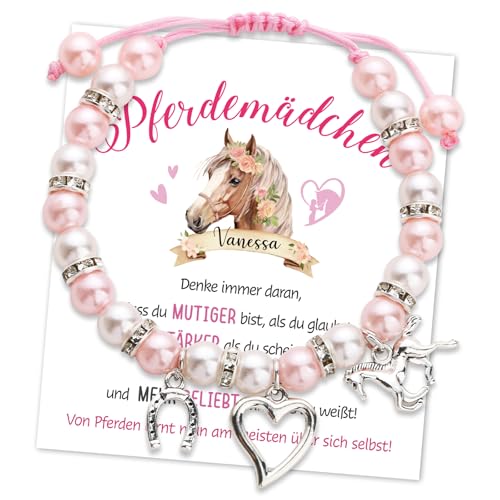 BOOMTOP Pferde Armband Mädchen Geschenk Mädchen Perlenarmband mit Herzchen Hufeisen Verstellbar Armbänder Glücksarmband Rosa Schulanfang Kommunion Geburtstag Geschenke Armkettchen mit Karte Umschlag von BOOMTOP