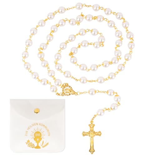 BOOMTOP Rosenkranz Halskette Katholisch Kreuz Gebetskette Damen Rosenkranz Kette Lang Taufgeschenk Mädchen Halskettchen Rosa Weiß mit Stoffbeutel für Heilige Kommunion Taufe Konfirmation Geburtstag von BOOMTOP