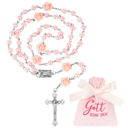 BOOMTOP Rosenkranz Halskette Katholisch Kreuz Gebetskette Damen Rosenkranz Kette Lang Taufgeschenk Mädchen Rosa mit Gott Segne Dich Stoffbeutel für Heilige Kommunion Taufe Konfirmation Geburtstag von BOOMTOP