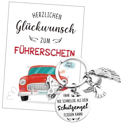 BOOMTOP Schlüsselanhänger Führerschein Bestanden Geschenk Schutzengel Auto Glücksbringer Fahr nie schneller als dein Schutzengel fliegen kann Führerschein Geschenke Fahr Vorsichtig für Frau Mann von BOOMTOP