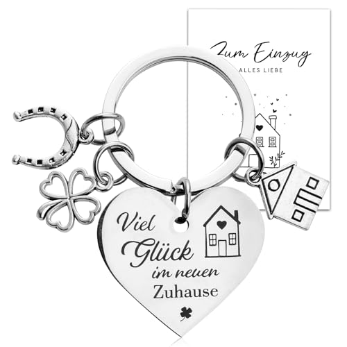 BOOMTOP Schlüsselanhänger Geschenk zum Einzug Einweihungsgeschenk Wohnung Glücksbringer Viel Glück im neuen Zuhause Einzugsgeschenke Haus Richtfest Umzug Einweihungsparty mit Grußkarte Umschlag von BOOMTOP