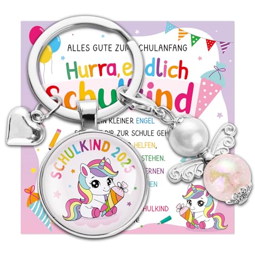 BOOMTOP Schlüsselanhänger Schulkind 2025 Einschulung Geschenk Endlich Schulkind Schutzengel/Einhorn Anhänger Regenbogen Schultüte Füllung Mini Engel Glücksbringer Schulkinder Schulanfang Geschenke von BOOMTOP