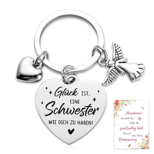 BOOMTOP Schwester Geschenk Schlüsselanhänger Beste Schwester Geschenke mit Gravur Freundin Geschenk Herz Schutzengel Glücksbringer Weihnachten Silvester Geburtstag Geschenk mit Karte Umschlag von BOOMTOP