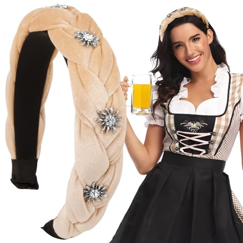 BOOMTOP Oktoberfest Haarreif Dirndl Edelweiss Haarschmuck Geflochten Samt Trachten Stirnband Edelweiß Breit Haarband Vintage Gepolsterte Haarreifen Kopfschmuck für Damen Mädchen Beige von BOOMTOP