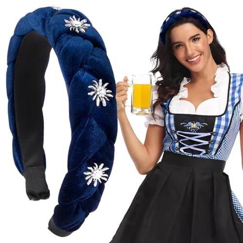 BOOMTOP Oktoberfest Haarreif Dirndl Edelweiss Haarschmuck Geflochten Samt Trachten Stirnband Edelweiß Breit Haarband Vintage Gepolsterte Haarreifen Kopfschmuck für Damen Mädchen Dunkelblau von BOOMTOP