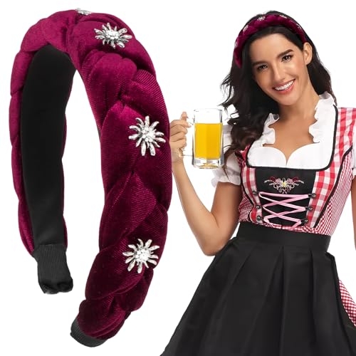 BOOMTOP Oktoberfest Haarreif Dirndl Edelweiss Haarschmuck Geflochten Samt Trachten Stirnband Edelweiß Breit Haarband Vintage Gepolsterte Haarreifen Kopfschmuck für Damen Mädchen Rot von BOOMTOP
