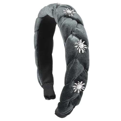 BOOMTOP Trachten Haarreif Samt Haarschmuck Dirndl Edelweiss Stirnband Geflochten Breit Haarband Vintage Gepolsterte Haarreifen Mode Kopfschmuck für Damen und Mädchen Grau von BOOMTOP