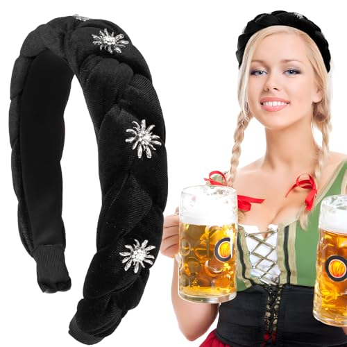 BOOMTOP Oktoberfest Haarreif Dirndl Edelweiss Haarschmuck Geflochten Samt Trachten Stirnband Edelweiß Breit Haarband Vintage Gepolsterte Haarreifen Kopfschmuck für Damen Mädchen Schwarz von BOOMTOP
