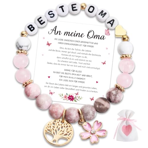 Oma Geschenk Armband Beste Oma der Welt Dankeschön Weihnachten Geschenke Lebensbaum Armbänder Elastisch Perlenarmband 30cm Stein Armkettchen Geburtstag Silvester Geschenk mit Karte Stoffbeutel von BOOMTOP