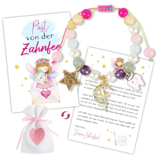 Zahnfee Geschenke Mädchen Armband Zahnfee Postkarte Perlenarmband Milchzahn Überraschung Geschenke Bunt Armbänder zum Einschlung Geburtstag Taufe Weihnachten Mutmacher für Tochter Nichte Patenkind von BOOMTOP