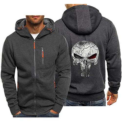 BOONEE Herren Hoodie Punisher Motiv Arbeitsjacke, Full Zip Kapuzenpullover Sweatjacke, Casual Kapuzenjacke Geschenke für MäNner-Gray||M von BOONEE