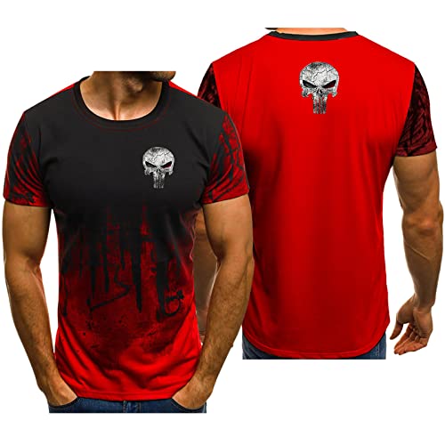 BOONEE Herren Punisher Casual Kurzarm Tshirt, Komfortables kurzärmliges T Shirt, Print Baumwolle Rundhals Tshirt-Red||L von BOONEE