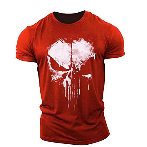 BOONEE Herren Punisher T Shirt mit überschnittenen Schultern, Komfortables kurzärmliges T Shirt, Print Baumwolle Rundhals Tshirt-Red||6XL von BOONEE