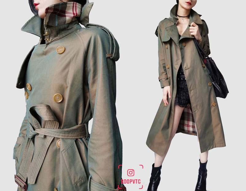 Olivgrün Mossgrün Irisierend Metallic Metallisch Glänzend Militär Spion Wwii Ww2 Maxi Trenchcoat Grunge Rock Punk Armee Unisex Oversize von BOOPVTG
