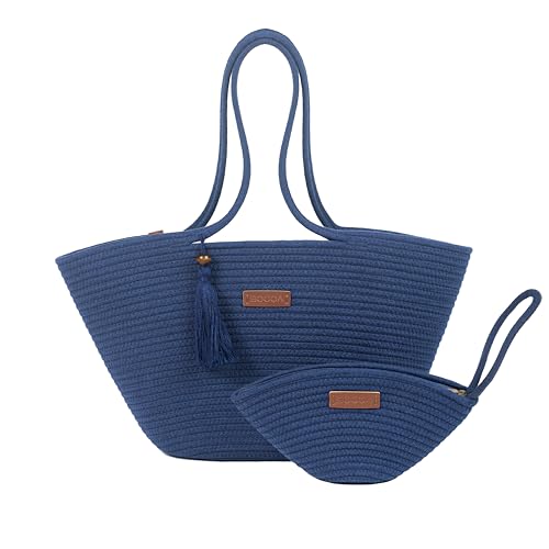 Große gewebte Tragetasche und kleine Handtasche Set für Damen, Baumwollseil, Schultertasche für Strand, Pool, Reisen, Wochenende, Geldbörse für wichtige Dinge, Blau von BOOQA