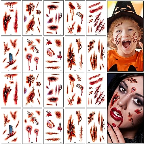BOOSHMall Halloween Narben Tattoo, Halloween Tattoo Gesicht, Halloween Zombie Scars Tattoos, Wasserdicht Terror Tattoo, Horror Realistische Blutige Wunde für Halloween Cosplay Thema Party von BOOSHMall