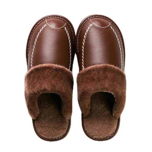 BOQUN Winterhausschuhe Herren Winter Hausschuhe Leder Schlafzimmer Hausschuhe Baumwolle Männlich Wasserdicht Dicke Plus Samt Innen Warm Haus Hausschuhe Schuhe, braun, 42 EU von BoquN