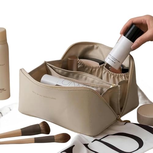 Kosmetiktasche Kosmetikbeutel Für Frauen Elegantes Pu Leder Make-Up-Beutel Reisen Toilettenartikel Organizer Hangbag Handgepäck Make-Up-Beige von BOQUN