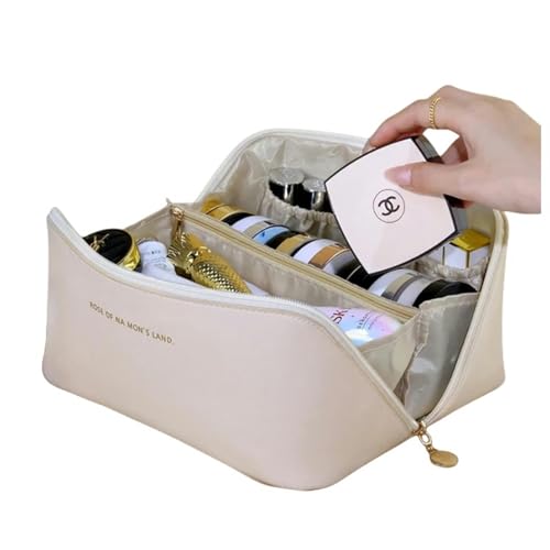 Kosmetiktasche Leder Mit Großer Kapazitätsreise -Kosmetikbeutel Tragbare Frauen Make -Up -Hülle wasserdichte Multifunktionale Toilettenorganisator-Beige von BOQUN