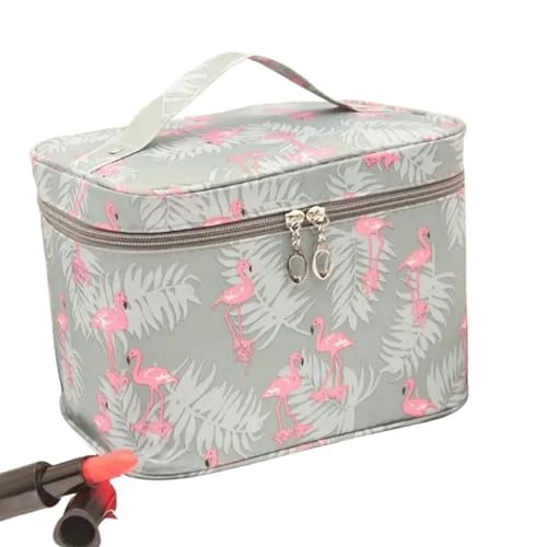 Make-up-Tasche, Reise-Make-up-Tasche, wasserdicht, tragbar, Damen-Kosmetiktasche, große Kapazität, Toilettenaufbewahrung, Kosmetikbox, Waschtasche, Grauer Flamingo, 22x16.5x16cm von BOQUN