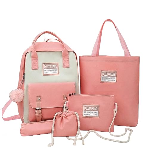 Schultaschen 5-teiliges Set Rucksack für Schüler Schultaschen für Teenager Mädchen Büchertaschen Federmäppchen Frauen Reiserucksack Tote, Anhänger Rosa, A von BOQUN