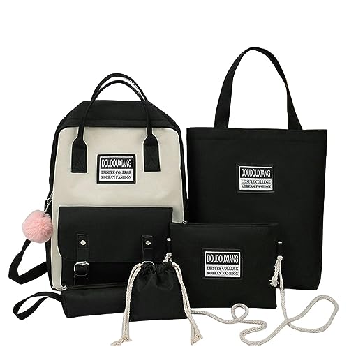 Schultaschen 5-teiliges Set Rucksack für Schüler Schultaschen für Teenager Mädchen Büchertaschen Federmäppchen Frauen Reiserucksack Tote, Anhänger Schwarz, A von BOQUN