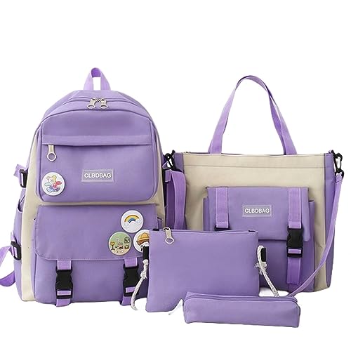 Schultaschen 5-teiliges Set Rucksack für Schüler Schultaschen für Teenager Mädchen Büchertaschen Federmäppchen Frauen Reiserucksack Tote, Kein Anhänger lila, A von BOQUN