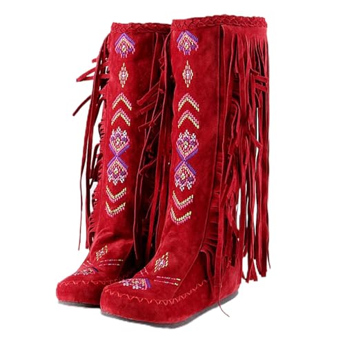 BORAMAX Damen Fransen Westernstiefel Wildleder Stickerei Verschluss Fransen Mid Calf Kniehohe Flache Stiefel Lange Schnee Quaste Stiefel, Rot/Ausflug, einfarbig (Getaway Solids), 41 EU von BORAMAX