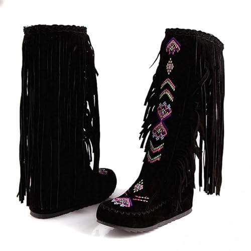BORAMAX Damen Fransen Westernstiefel Wildleder Stickerei Verschluss Fransen Mid Calf Kniehohe Flache Stiefel Lange Schnee Quaste Stiefel, Schwarz, 38 EU von BORAMAX