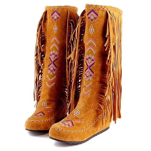 BORAMAX Damen Fransen Westernstiefel Wildleder Stickerei Verschluss Fransen Mid Calf Kniehohe Flache Stiefel Lange Schnee Quaste Stiefel, gelb, 37.5 EU von BORAMAX