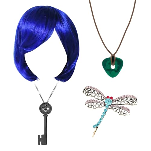 BORFUE 4 Stück Schlüsselanhänger Halskette Grün Seeing Stein Halskette Libelle Haarspangen Bob Blau Perücke Set Merchandise Cosplay Kostüm von BORFUE