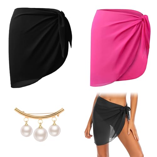 BORISCA 2 Stück Damen Strand Wrap Sarong, Strand Wrap Sarong Vertuschung Chiffon Strandrock Kurz Wickelrock Strand mit 1 Anti-Light-Brosche, Bikini Rock für Strand Urlaub(Schwarz & Rosenrot) von BORISCA