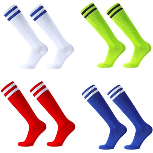 BORISCA 4 Paar Kinder Lange Fußballsocken, Lang Fußballsocken Kinder Unisex, Kniehohe Fussball Kinder Socken, Elastische Kinder Fußballsocken für Fußballtraining, Laufen von BORISCA