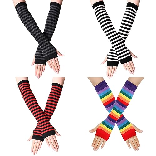 BORISCA 4 Paare Fingerlose Handschuhe Damen, Gestreift Armstulpen Damen Stretchy Stulpen Arm Fingerless Gloves Warm Arm Warmers Winter, Strickhandschuhe Lang von BORISCA