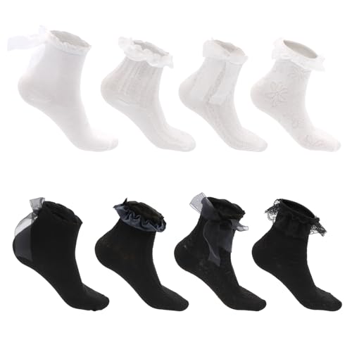 BORISCA 8 Paare Damen Rüschen Socken, 4 Söckchen mit Rüschen Weiß und 4 Spitzen Socken Schwarz Atmungsaktive mit Wäschebeutel Rüschen Söckchen Spitze Elegant für Damen und Mädchen von BORISCA