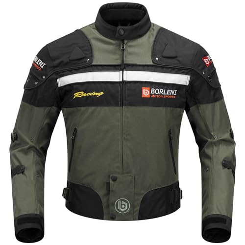 BORLENI Motorradjacke Herren Winter Motorrad Jacke Textiljacke Winddicht mit Herausnehmbarem Liner Protektoren Protektor Jacke Roller Biker Touren Allwetter Damen Olive L von BORLENI