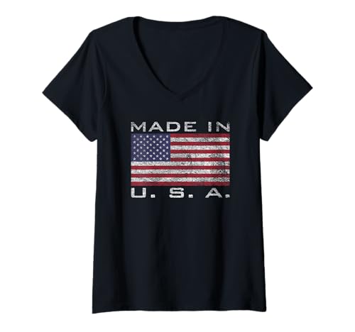 Damen Geboren in den USA, aufgewachsen in Amerika, US-Flagge, Sterne und Streifen T-Shirt mit V-Ausschnitt Damen Geboren in den USA, aufgewachsen in Amerika, US-Flagge, Sterne und Streifen T-Shirt mit V-Ausschnitt von BORN AND RAISED IN AMERICA FLAG