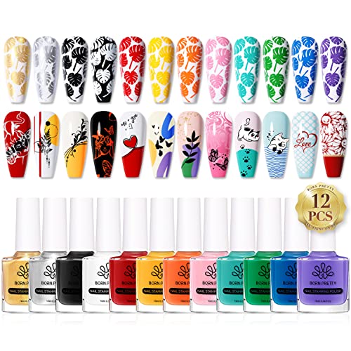 BORN PRETTY Nail Art Stamping Polish Stampinglack Set Rot Blau Gelb Stamping Lack Nagellack Farben Nagellack Stempeln Colourful Manicuring Plate Printing Polish Varnish 12 Colours Set von BORN PRETTY