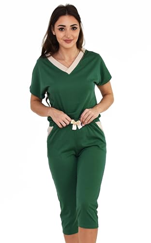 BORN2REST Pyjama Damen Schlafanzung mit 3/4 Lange Pyjamahose und V-Ausschnitt 100% Baumwolle 2-teiliges Nachtwäsche-Set (DE/NL/SE/PL, Alphanumerisch, M, Regular, Regular, Grün) von BORN2REST