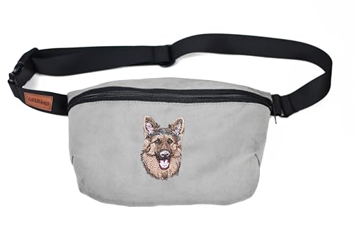 Bauchtasche Gürteltasche mit gesticktem Hund Deutschen Schäferhund für Damen und Herren Hüfttasche Outdoor Groß Handytasche Sport Wasserdicht für einen Spaziergang mit dem Hund (Hellgrau) von BORN2REST