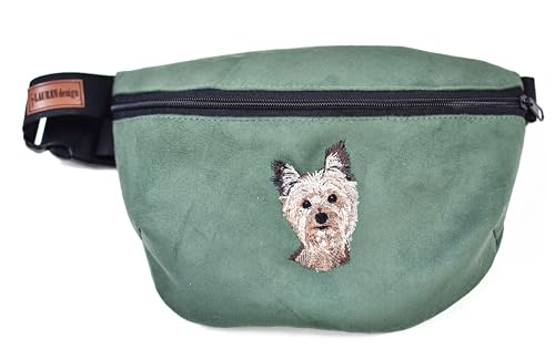 Bauchtasche Gürteltasche mit gesticktem Hund für Damen und Herren Hüfttasche Outdoor Groß Handytasche Sport Wasserdicht für einen Spaziergang mit dem Hund (Yorkshire Terrier, Grün) von BORN2REST