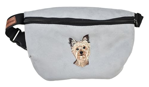 Bauchtasche Gürteltasche mit gesticktem Hund für Damen und Herren Hüfttasche Outdoor Groß Handytasche Sport Wasserdicht für einen Spaziergang mit dem Hund (Yorkshire Terrier, Hellgrau) von BORN2REST