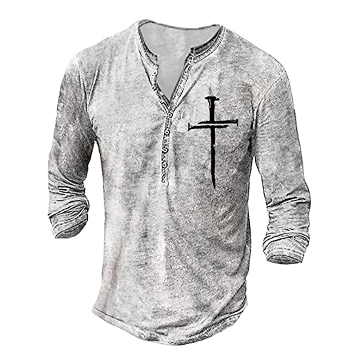 Arbeitspullover Herren Herren Langarm Henley Shirt mit Knopfleiste Retro Strick Print Langarm Sportshirt Slim Fit Shirt Funktionsshirt Pullover Sweatshirt M 01-Silber von BORTGYUI