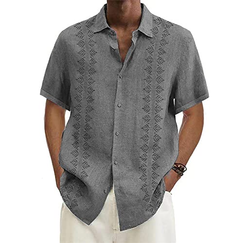 BORTGYUI Herren Leinenhemd Kurzarm Leinenhemd Herren Sommerhemden Kurzarm Lässiges Button-Down-Revershemd Normale Passform Baumwolle Slim Fit Businesshemd XXL 01-Grau von BORTGYUI