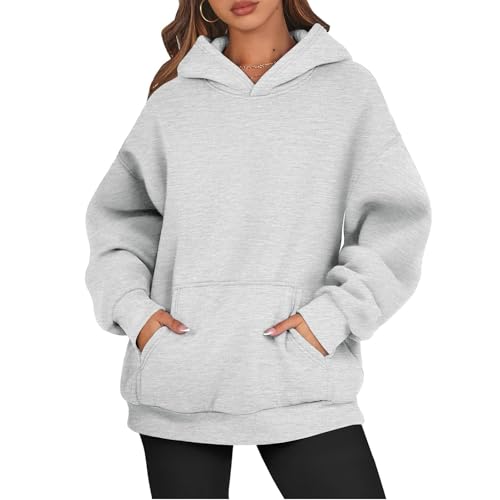 BORTGYUI Hoodie Damen Oversize Hoodies FüR Damen Hoodie Damen Oversize Pullover Sweatshirt Kapuzenpullover Pulli Sweatjacke Sport Oberteile Mit Tasche Tops Streetwear M 01-Hellgrau von BORTGYUI