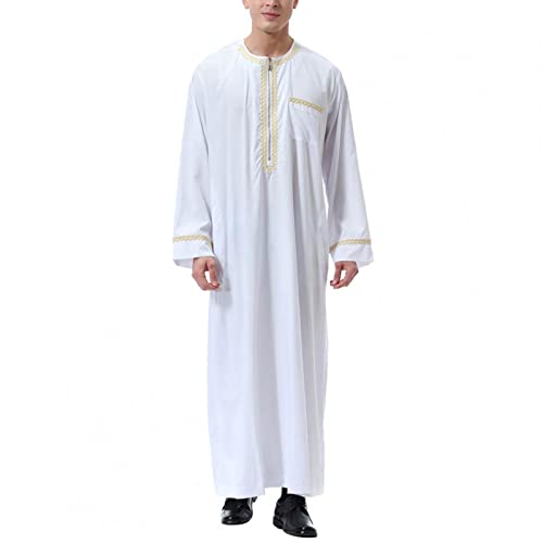 BORTGYUI Islam Kleidung Herren Herren Muslim Druck Kaftan Islamisch Royalty Dubai Robe O-Ausschnitt Lange Ärmel Retro Tuniken Abaya Lose Kandoura 02-Weiß M von BORTGYUI