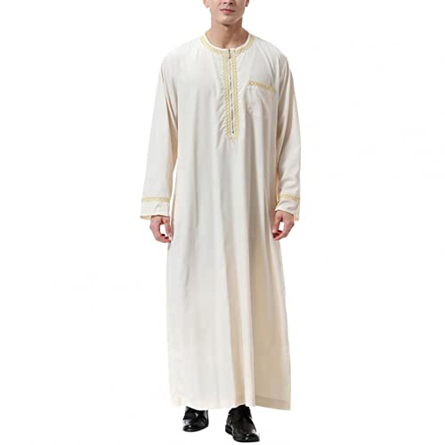 BORTGYUI Muslimische Kleider Herren Herren Muslim Druck Kaftan Islamisch Royalty Dubai Robe O-Ausschnitt Lange Ärmel Retro Tuniken Abaya Lose Kandoura 02-Beige L von BORTGYUI