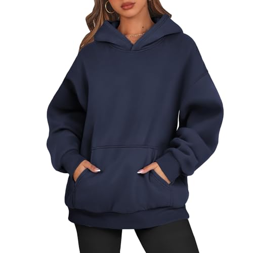 BORTGYUI Pullover Damen Damen Sweatshirt Hoodie Damen Oversize Pullover Sweatshirt Kapuzenpullover Pulli Sweatjacke Sport Oberteile Mit Tasche Tops Streetwear S 01-Marine von BORTGYUI